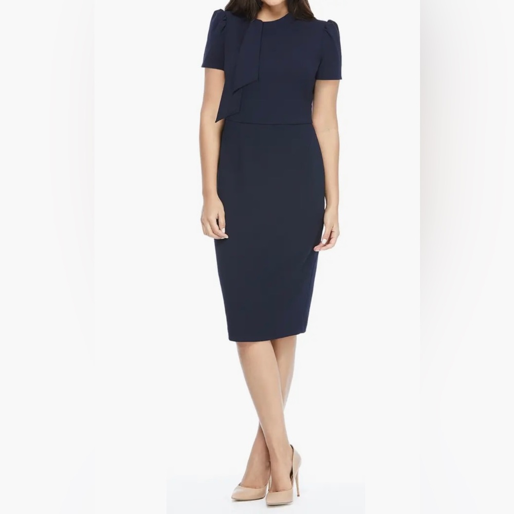 Maggie London Navy Puff sleeve tie neck dress